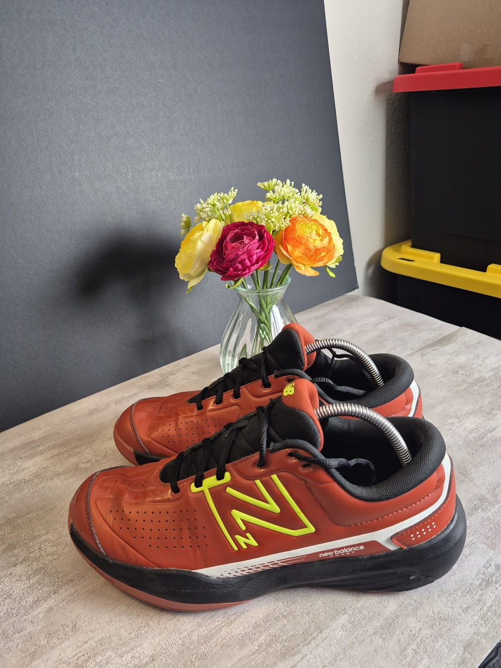 New Balance Mens Orange Sneakers with Neon Yellow Accents. Size 10